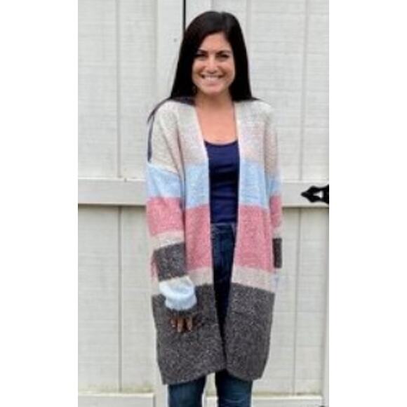 New Hem & Thread M Blue Pink Gray Colorblock Stripe Long Length Cardigan Sweater - Picture 10 of 10